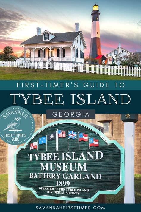 Pinnable graphic with a photo of the Tybee Island Light Station at sunset and the Tybee Island Museum sign. Text overlay reads "First-Timer's Guide to Tybee Island Georgia" and shows the Savannah First-Timer's Guide logo in white on a blue background Tybee Island Georgia Photography, Things To Do In Tybee Island Ga, Tybee Island Georgia Things To Do, Southern Beans, Tybee Island Restaurants, Savannah Georgia Vacation, Savannah Georgia Travel, Georgia Beaches, Tybee Island Beach