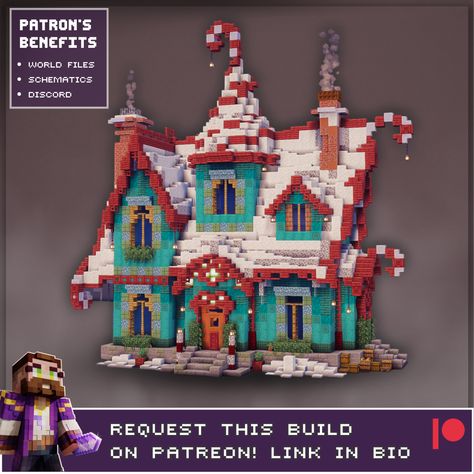 A minecraft candy cane house design. Download this build through ny patreon! Minecraft Candyland, Candy Minecraft, Candy Cane House, Fantasy Minecraft, Minecraft Building Guide, Minecraft Banners, Minecraft Cottage, Easy Minecraft Houses, Diy Minecraft