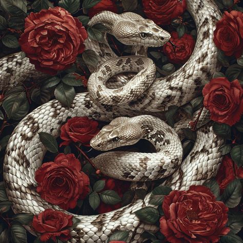 Snake Asthetic Picture, Snake In Flowers, Snakes And Flowers, Red Serpent, Snake Aesthetic, Twin Snakes, Psychology Wallpaper, Collage Des Photos, Snake Wallpaper