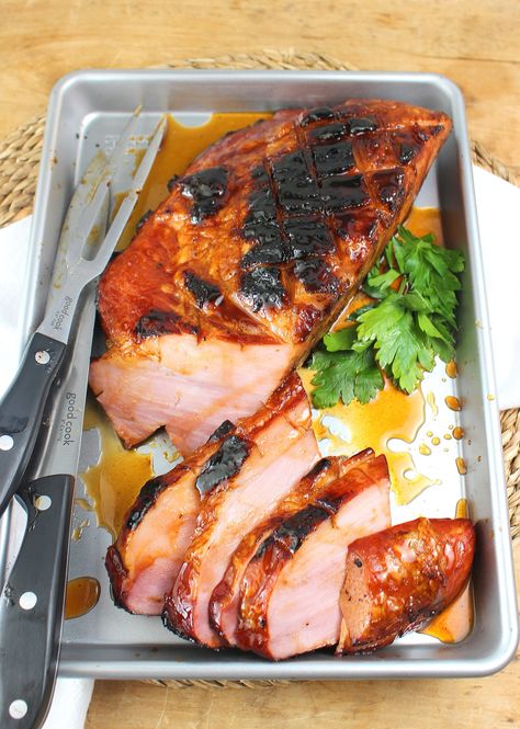 Grilled Carver Ham with Apple-Bourbon Glaze – Palatable Pastime Palatable Pastime Carver Ham Glaze, Carver Ham Recipes, Ham Sandwich Recipes, Slow Cooker Baked Beans, Apple Bourbon, Bourbon Glaze, Grilled Ham, Outdoor Grilling, German Potato Salad