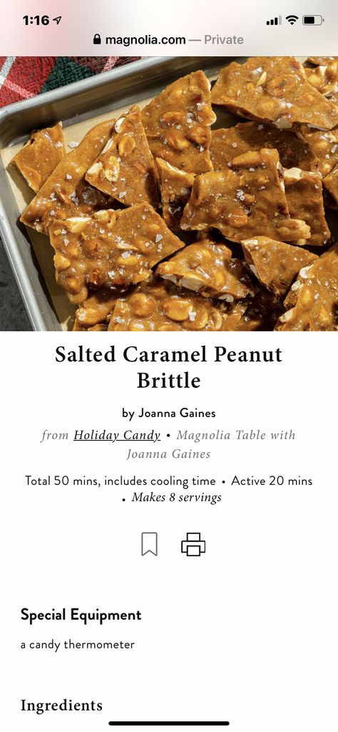 Joanna Gaines Salted Caramel Peanut Brittle, Joanna Gaines Peanut Brittle, Joanna Gaines Christmas Candy, Joanna Gaines Christmas, Magnolia Recipes, Joanne Gaines, Joanna Gaines Recipes, Peanut Brittle Recipe, Cocoa Party