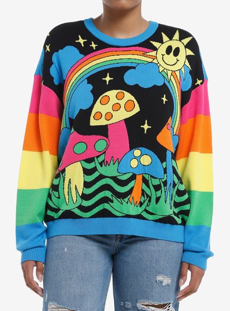 Step out with some pride with this electric sweater on! This knit sweater has rainbow color-blocks on the sleeves and a psychedelic print on the front with mushrooms  a rainbow and a sun.50% rayon; 30% polyester; 20% nylonWash cold; dry flatLength: 26"Stretchy materialImportedModel is 5'9"Model wears size Small Hot Topic Sweater, Kidcore Clothes Aesthetic, Rainbow Scene Outfit, Weirdcore Aesthetic Outfits, Weirdcore Fashion, Scenecore Outfit, Trippy Clothing, Rainbowcore Fashion, Weirdcore Clothes