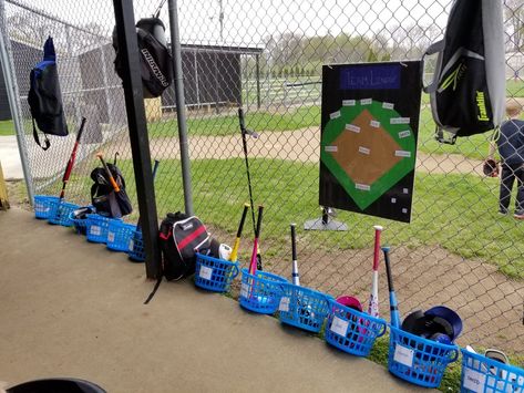 Team mom organizing the dugout. Baskets from the Dollar Tree. Teeball Dugout Ideas, Dugout Lineup Ideas, Tball Organization, Dugout Baskets, Dugout Mom Ideas, Tball Dugout Organization, Softball Organization, Tball Coach, Dugout Mom