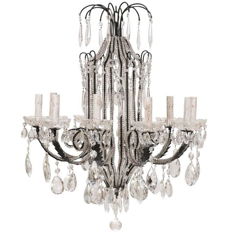 Italian Ten-Light Crystal and Dark Wrought Iron Chandelier Cupboard Decor, Wrought Iron Chandelier, Iron Chandelier, Wrought Iron Chandeliers, Candle Sleeves, Light Crystal, Wood Chandelier, Iron Chandeliers, European Antiques