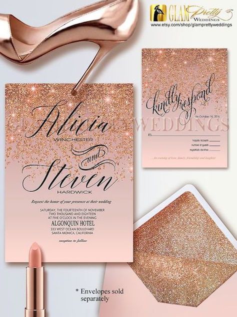 Rose gold glitter printable wedding invitation & RSVP. Gold Glitter Wedding, Art Nouveau Weddings, Wedding Invitation Rsvp, Elegant Modern Wedding, Glitter Wedding Invitations, Wedding Planning Timeline, Trendy Wedding Invitations, Wedding Invitations Boho, Glitter Wedding