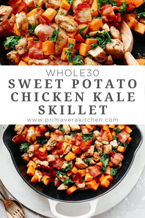 Whole 30 Chicken And Sweet Potato Recipes, Easy Chicken And Sweet Potato Dinner, Chicken Sausage Kale Sweet Potato, Kale Sweet Potato Chicken, Sweet Potato Kale Skillet, Chicken Broccoli Sweet Potato Recipes, Sweet Potato Whole 30 Recipes, Whole 30 Skillet Recipes, Grilled Chicken Sweet Potato