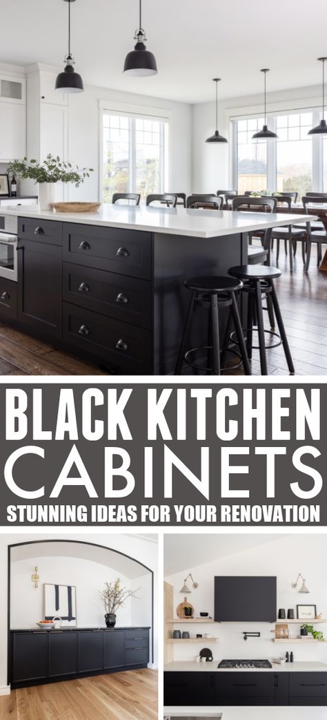 Black Kitchen Cabinets Ideas, Gold Hardware Kitchen, Black Kitchen Cabinet, Kitchen Cabinet Inspiration, Modern Black Kitchen, White Kitchen Backsplash, Kitchen Cabinets Ideas, Kitchen Cabinet Ideas, Black Kitchen Island