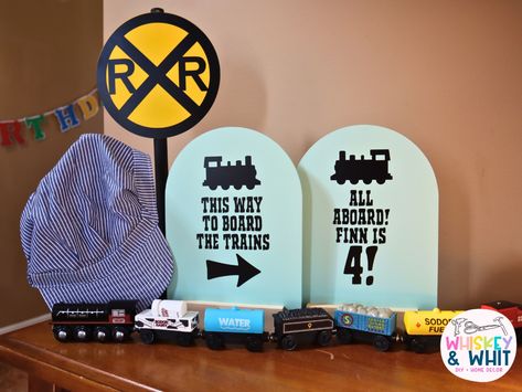 ALL ABOARD! An EPIC DIY Train Birthday Party on a BUDGET! - Whiskey & Whit Dollar Tree Birthday, Birthday Party On A Budget, Diy Train, Train Birthday Invitation, Movie Invitation, Party On A Budget, Train Birthday Party, Polar Express Train, Library Display