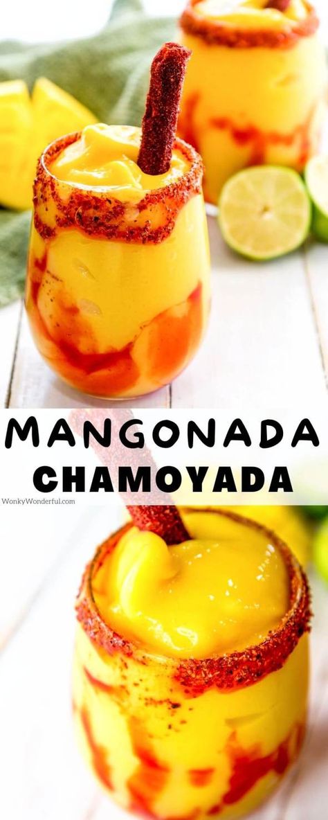 MANGONADA RECIPE + WonkyWonderful Mangonada Recipe Alcohol, Mango Frozen Drinks, Frozen Mango Daiquiri Recipe, Mango Meltdown Drink Recipe, Mexican Mango Drink, Mangonada Recipe, Mango Drink, Alcoholic Recipes, Best Non Alcoholic Drinks