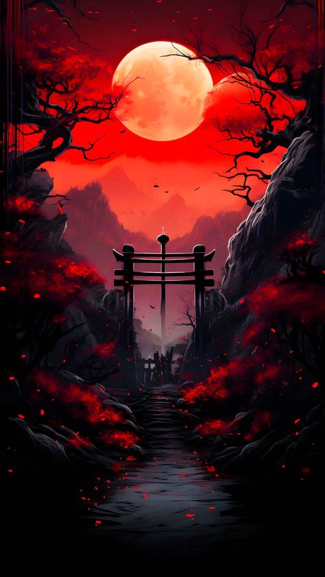 Red Moon Torii iPhone Wallpaper 4K - iPhone Wallpapers Japanese Art Samurai, Iphone Wallpaper 4k, Japanese Wallpaper Iphone, Samurai Wallpaper, Japanese Art Prints, Japanese Landscape, Dark Phone Wallpapers, Red Moon, Cool Wallpapers Art