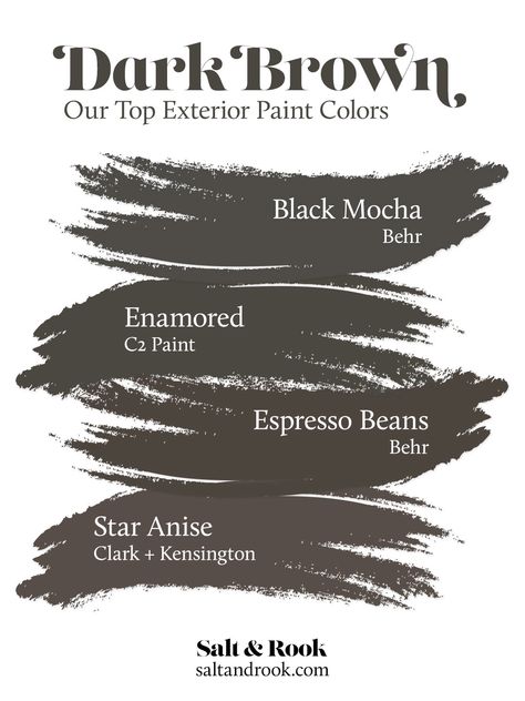 Our Top Dark Brown Exterior Paint Colors for our Dutch Colonial Dark Brown Black Paint Colors, Dark Brown Stained House Exterior, Brown Black Exterior Paint, Brown Exterior Door Paint Colors, Dark Brown Cabin Exterior, Dark Brown Deck Paint, Dark Brown Exterior Paint, Dark Brown Houses, Dark Stucco Exterior