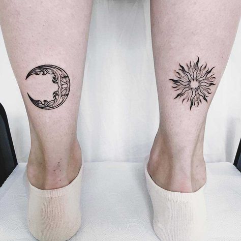 Share it: Share it: Crescent Tattoo, Sun And Moon Tattoo Ideas, Calf Tattoos For Women, Moon Tattoo Ideas, Pair Tattoos, Back Of Leg Tattoos, Cute Matching Tattoos, Sun Tattoo Designs, Sun And Moon Tattoo