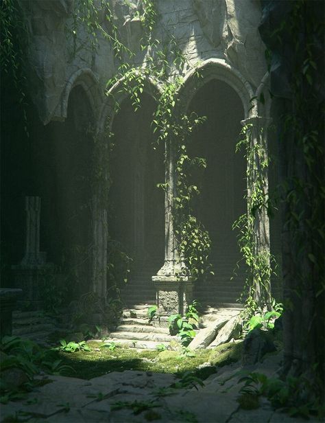 Dark Castle Garden Aesthetic, Overgrown Fantasy City, Dnd Ruins Art, Lake Mood Board, Elven Ruins, Background Reference Photo, Overgrown Castle, Ruins Aesthetic, Ruins Background