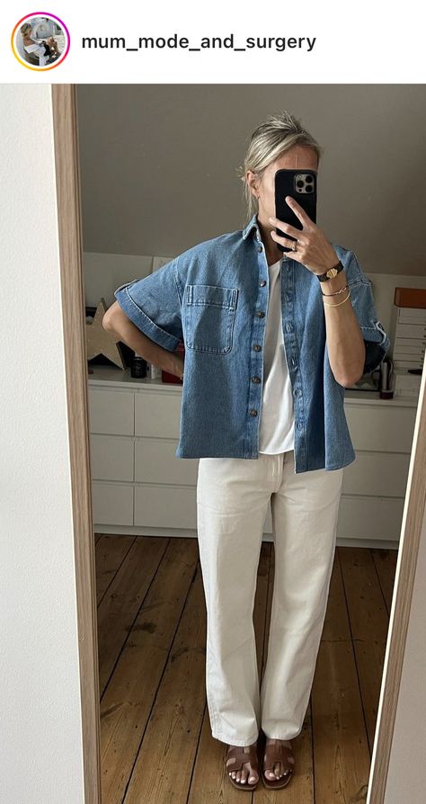 Jeans And Linen Shirt Outfit, Barista Summer Outfit, Comfy Work Outfit Summer Casual, Summer To Fall Outfits 2024, Midsize Mom Outfits, Minimal Summer Style, Linen Shirt Outfit, Sarah James, Job Clothes