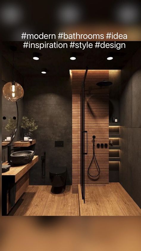 A luxurious bathroom ideas will look dull if the towels and bath rugs are not of the right color  pattern or design. Bathroom walls need to have enough light and heat. Black Wooden Bathroom Ideas, Black Tiles Bathroom Ideas, Dark Bathroom With Wood, Dark Bathroom Remodel, Dark Toilet Design, Black Restroom Ideas, Modern Black Bathroom Design, Modern Industrial Bathroom Design, Black And Wood Bathroom Ideas