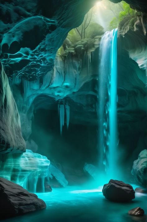 Discover an ethereal turquoise waterfall cascading down jade cliffs in this mesmerizing AI-generated 8K wallpaper. The hidden bioluminescent cave and swirling mist create a serene and magical atmosphere. #AIart #waterfall #turquoise #8K Bioluminescent Cave, Otherworldly Beauty, Real Nature, The Mist, Digital World, Light And Shadow, Swirl, Tower, Wonder