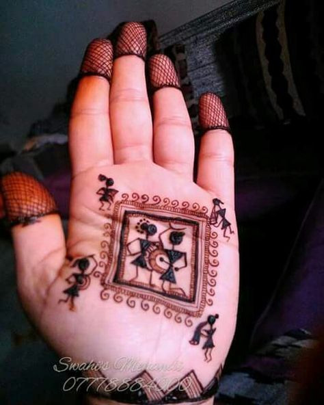 BEAUTIFUL warli Art in My Mehndi #Mehandi #henna#Heena....By Swati Warli Art Mehandi Designs, Warli Art Mehndi Designs, Karva Chauth Mehndi Designs, Mehandi Henna, Rajasthani Mehndi Designs, Warli Art, Bridal Mehendi Designs Hands, Henna Art Designs, Mehndi Design Pictures