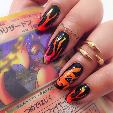 I love collaborating with my boyfriend @don_ketchum. Enjoy these Charizard nails! 🔥❤️🐉❤️🔥Thanks @nailartistrylove for the inspiration to execute some badass Pokemon nail art. 😎💛#pokemon #charizard #pokemonnails #charizardnails #pokemoncard #flamenails Pokemon Nail Art, Geeky Nails, Art Pokemon, Pokemon Charizard, With My Boyfriend, Cover Art Design, Design Course, Cool Nail Art, My Boyfriend