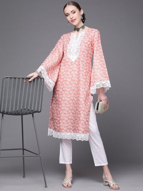 Pink Printed Crochet Detailed Cotton Kurta - Inddus.com Ethnic Wear Women, Indian Tunic Tops, Indian Tunic, Designer Outfit, Party Kleidung, Boutique Dress Designs, Cotton Kurta, Indian Clothing, Thread Work