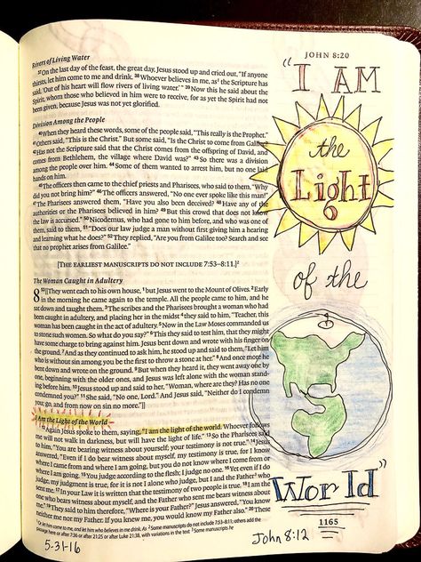 John 8:12, I Am The Light Of The World, Bible Journaling John, John Bible Journaling, Bible Study John, John Verses, Journaling Lettering, John Bible, Bible Highlighting