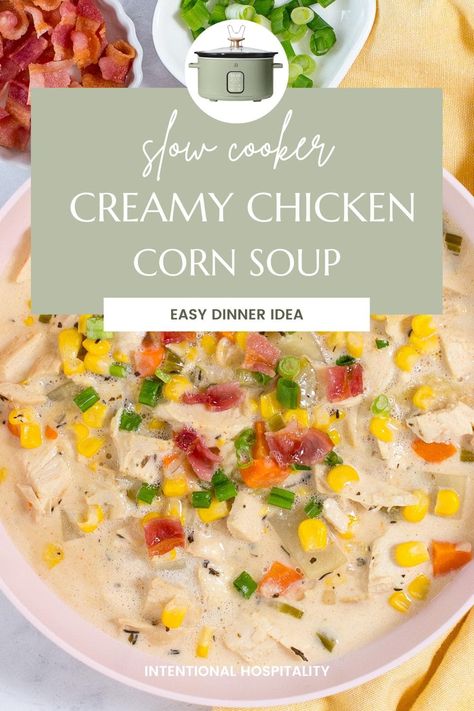 Crockpot chicken corn soup makes an easy meal for weeknights! It cooks up mostly unattended until you’re ready to serve it up for dinner. It’s a hearty and satisfying soup, perfect for a cool fall or winter evening. Crockpot Chicken Corn Soup, Chicken Corn Chowder Crock Pot Easy, Slow Cooker Chicken Corn Soup, Chicken Corn Chowder Crock Pot Healthy, Crockpot Chicken Corn Chowder, Chicken Corn Soup, Slow Cooker Creamy Chicken, Soup Beans, Corn Soup