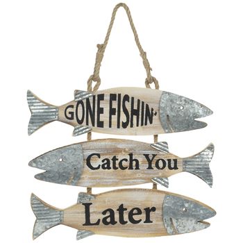 You love spending time on the lake with your reel and rod, so take some of the charm of fishing back home with Gone Fishin' Wood Wall Decor. This fun wall piece features wood fish shapes with galvanized metal accents and black text, all hanging from rope. Hang it in your cute, cabin-themed home to finish off its cozy look!     Details:    Length: 13 1/2"  Width: 16"  Thickness: 3/4"  Orientation: Horizontal  Includes: 1 - Rope      Full Text:   Gone Fishin'  Catch You Later River House Decor, Unspoken Rules, Diy Fishing, Fishing Room, Wall Decor Hobby Lobby, Wood Fish, Fish Crafts, Wooden Fish, Wall Decor Quotes