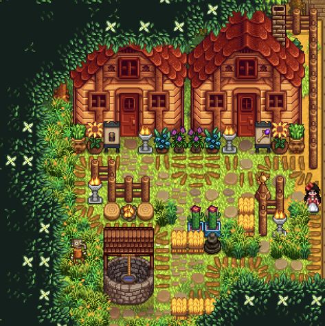 stardew valley forest farm shed area design Stardew Valley Farm Layout Beehive, Stardew Valley Fruit Bat Cave Design, Stardew Forest Farm Ideas, Woodland Farm Stardew, Stardew Farm Layout Forest, Sdv Shed Layout, Stardew Valley Garden Design, Stardew Valley Forest Farm Design, Stardew Valley Forest Farm Ideas