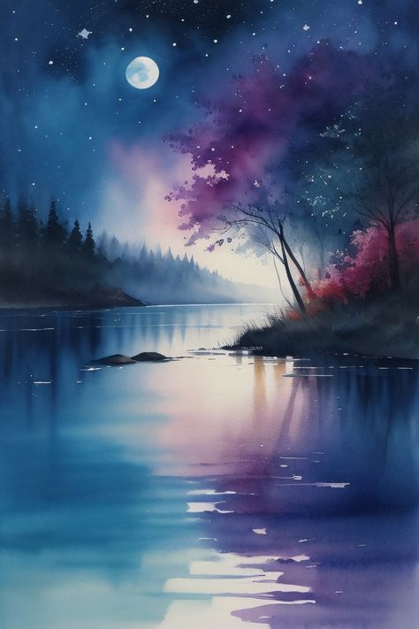 A peaceful watercolor scene of a moonlit river and a quiet forest, bringing the beauty of a tranquil night to life. #Art #Nature #Moonlight #River #Painting #NightScene #Landscape #Watercolors #Scenery #Beauty #Serene #Moon #Forest #Peace #Artistic #Reflection #Tranquil #Creative #Inspiration #VisualArt Night Scenery Watercolor Painting, Peaceful Watercolor, Night Scene Painting, Galaxy Art Painting, River Drawing, Moon Forest, Rock Animals, Scene Painting, Drawing Competition