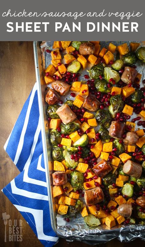 Quick, Easy, and Healthy single sheet pan dinner with roasted chicken sausage, Brussels sprouts, and sweet potatoes Sausage And Veggie Sheet Pan, Healthy Sheet Pan Chicken, Chicken Sausage And Veggies, Brussels Sprouts And Sweet Potatoes, Sprouting Sweet Potatoes, Sheet Pan Suppers, One Dish Dinners, Paleo Dinner, Sheet Pan Dinners