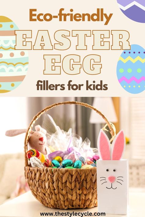 Wicker Easter basket filled with chocolate eggs and eco-friendly treats and toys Eco Friendly Easter Basket, Easter Egg Filler Ideas, Egg Filler Ideas, Eco Friendly Easter, Egg Fillers, Easter Egg Fillers, Eco Friendly Kids, Easter Egg Basket, Kids Easter Basket