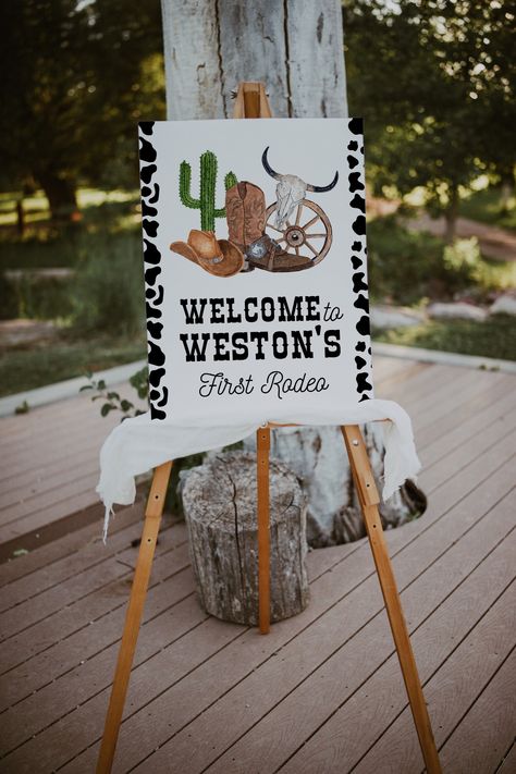 First Rodeo Birthday Activities, Cowboy First Birthday Party, My First Rodeo Birthday Boy, Cowboy First Birthday, Birthday Party Signs, 1st Rodeo, Cowboy Birthday Party, Rodeo Birthday, Birthday Welcome Sign