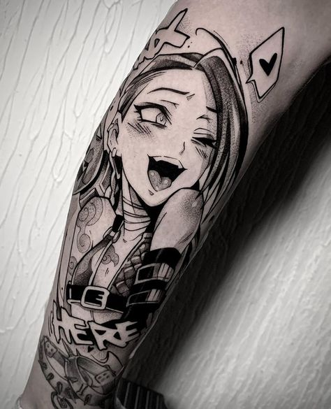 Jinx! #leagueoflegends #gametatto #arcanejinx #arcane #animetattoo #jinxtattoo #animetattooartist #animetattoos | Instagram Anime Female Tattoo, Windbreaker Tattoo, Arcane Tattoos Symbols, Jinx Cloud Tattoo, Jinx Arcane Tattoo, Jinx Tattoo Ideas, Waifu Tattoo, Genshin Tattoo, Jinx Tattoo