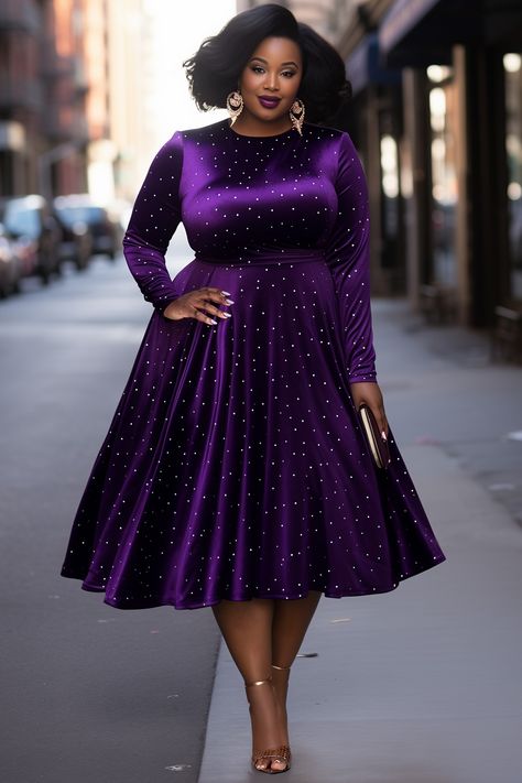 Xpluswear Design Plus Size Business Casual Purple Round Neck Long Sleeve Velvet Midi Dresses [Pre-Order] Xpluswear Plus Size Online Stores, Plus Size Business Casual, Plus Size Business, Winter Tips, Party Attire, Plus Size Fall, Velvet Midi Dress, Backless Prom Dresses, Velvet Fashion