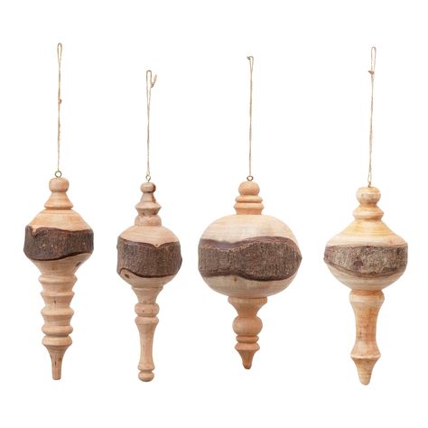 PRICES MAY VARY. This rustic set of wood ornaments features 4 styles of finial silhouettes in a raw finish with a naturally variating live edge Ornaments can be showcased as decorations on a Christmas tree, wreath, or atop a festive centerpiece, hung from doorways, displayed on mantels, used to embellish cards and presents, or given as gifts Each holiday décor item is carefully crafted with the utmost attention to detail to ensure that it will be cherished for years to come Made from mahogany wo Turned Christmas Ornaments, Finial Ornaments, Cozy Lodge, Winter Retreat, Rustic Candle, Painting Countertops, Wine Candles, Winter Landscapes, Candle Bar