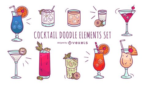 Cocktail Doodle, Cocktail Drawing, Cocktails Drawing, Drink Graphic, Doodle Elements, Cocktail Illustration, Vector Character Design, Doodle Style, Mo Design