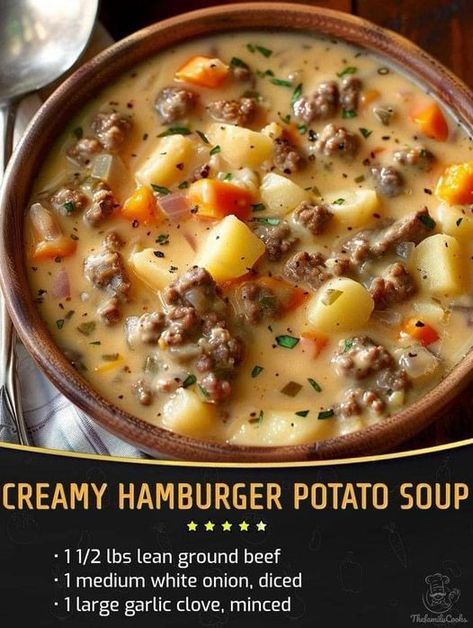 Ingredients: - 1 1/2 lbs lean ground beef - 1 medium white onion, diced - 1 large garlic clove, minced - 6 cups chicken broth - 6 cups peeled & diced Russet potatoes - 2 cups of your favorite frozen vegetables - 3 tsp dried basil - 2 tsp dried parsley flakes - 1 1/2 cups milk - 2 tbsp cornstarch - 8 oz Velveeta cheese, cubed Instructions: 1. In a skillet, brown the ground beef, onions, and garlic until cooked through. Drain excess grease. 2. Transfer the beef mixture to a crockpot or stockpot. 3. Add potatoes, broth, vegetables, basil, and parsley to the pot. 4. Cook on low for 6-8 hours in the crockpot or simmer on the stove until the potatoes are tender. 5. In a separate bowl, whisk cornstarch into the milk until smooth. Add this mixture to the soup. 6. Stir in the cubed Velveeta cheese Creamy Potato & Hamburger Soup Recipe, Potato Hamburger Soup Recipe, Crock Pot Creamy Potato Hamburger Soup, Creamy Crockpot Potato Hamburger Soup, Creamy Crockpot Hamburger Potato Soup, Crockpot Hamburger And Potato Soup, Creamy Potato And Beef Soup, Crockpot Potato Hamburger Soup, Crockpot Creamy Potato Hamburger Soup