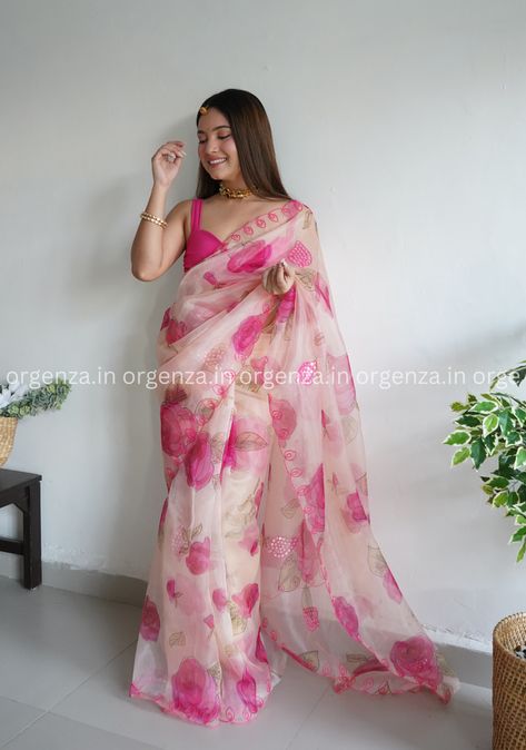 [Ad] Multicolor Cream Fabrics Organza Blouse Fabrics Contrast Saree Length 5.3 Meter Blouse Length 0.8 Meter... #floralblousedesignsforsaree Contrast Saree, Blouse Designs For Saree, Floral Blouse Designs, Floral Organza Saree, Organza Blouse, Organza Saree, Floral Blouse, Blouse Designs, Pink Floral