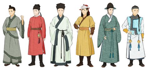 Men's Chinese Clothes by Glimja.deviantart.com on @DeviantArt - Left to right: Han Dynasty, Tang Dynasty, Song Dynasty, Yuan Dynasty, Ming Dynasty, Qing Dynasty Chinese Fashion Traditional, Chinese Men's Clothing, Han Dynasty Clothing, Ancient Japanese Clothing, Turandot Opera, Ancient China Clothing, Chinese Clothing Traditional, Dynasty Clothing, Vietnamese Clothing