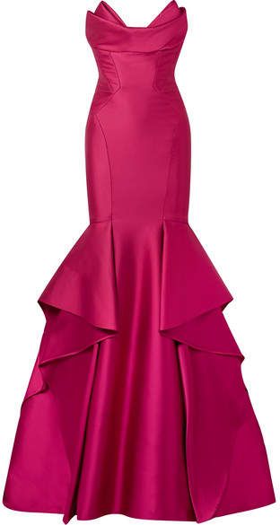 Monique Lhuillier - Strapless Satin Gown - Magenta Pink Formal Gown, Hot Pink Prom Dress, Pink Evening Gowns, Strapless Long Dress, Pink Ball Gown, Satin Evening Gown, Pink Satin Dress, Pink Long Dress, Pink Strapless Dress