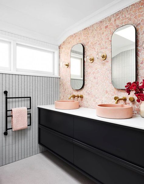 Aside from serving as a mount for your sink and offering valuable storage and counter space, an excellent vanity is the focal point of most bathrooms. #bathroomvanity Mcm Cottage, Bold Bathroom, Pink Bathroom Decor, Nice House, 21 Birthday, Powder Rooms, Small Bath, Bath Ideas, Bathroom Reno