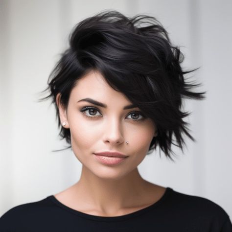 Side Parted Pixie Bob, Women’s Short Hair Long On Top, Chic Short Hair With Bangs, Pixie Haircut Front And Back Views Short Hairstyles For Women, Short Hair Styles Black Hair, Short Haircuts For Fine Thinning Hair, Shaggy Crop Hair, Shaggy Short Hair Side Part, Semi Short Hairstyle Women