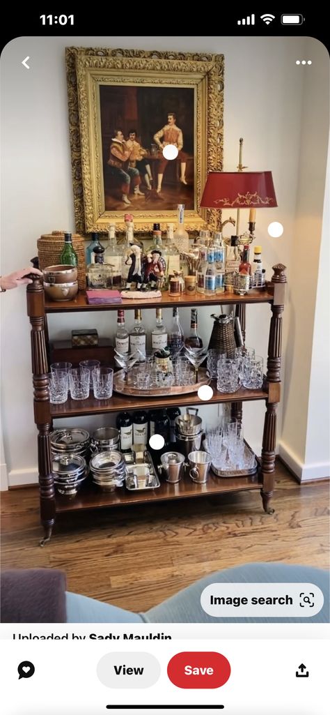 Cottage Bar Cart, Old Fashioned Bar Cart, Vintage Bar Set Up, Bar Cart In Dining Room Ideas, Styling Barcart, Bar Tray Ideas, Vintage Bar Cart Styling, Antique Bar Cart, Bar Cart Aesthetic