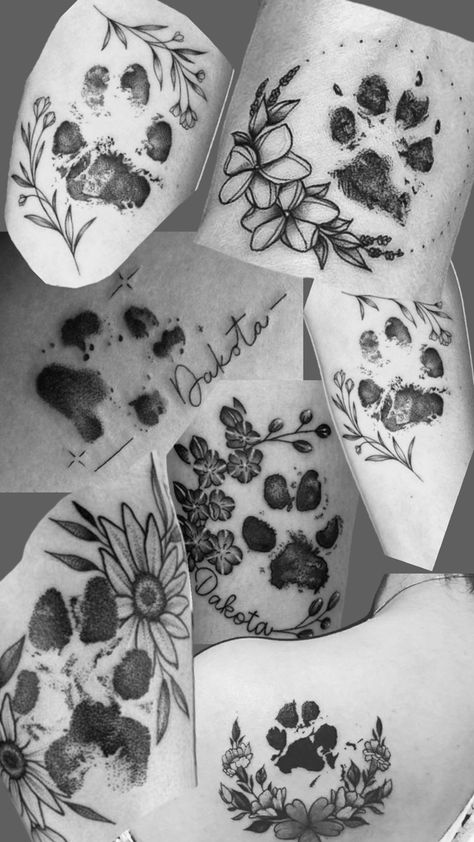 Dog Paw Tattoos, Paw Tattoos, Dog Pawprint Tattoo, Botanical Tattoos, Pet Memorial Tattoo, Memorial Tattoo Designs, Maching Tattoos, Sunflower Tattoo Sleeve, Line Tattoo Ideas