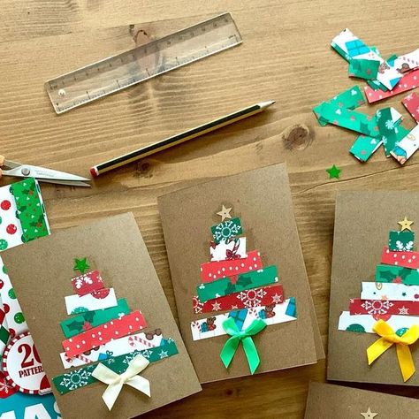 Charlotte on Instagram: "Christmas Collage Cards This week the boys have had a go at making their own Christmas cards. This is a really simple idea. We used strips of collage paper in different lengths to build Christmas trees. You could use any card, or draw your own designs. Then the boys added a glued star and a bow. You could draw a bow or a trunk though. Happy Friday! 🎄🎄🎄🎄🎄🎄🎄🎄🎄🎄🎄🎄🎄🎄🎄🎄 . #invitationtoplay #invitationtocreate #invitationtolearn #finemotorskills #scissorskills #easycraftsforkids #simplecraftsforkids #recyclemeplay #averycardboardchristmas #christmascrafts #letsshareourplay #messyplayanyway #playtolearnwithkaty #papercrafts" Collage Christmas Tree, Draw A Bow, Collage Cards, Christmas Collage, Scissor Skills, Invitation To Play, Instagram Christmas, 2023 Christmas, Easy Crafts For Kids