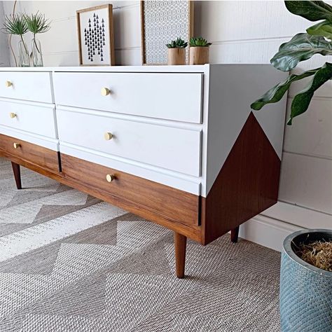 Bedroom With Painted Nightstands, 70s Inspired Painted Furniture, Bulky Desk Makeover, Refurbished 3 Drawer Dresser, Vintage Bedroom Furniture Makeover, White And Brown Bedroom Furniture, Painted Mcm Dresser Ideas, End Table Furniture Flip, Painted Tall Dresser