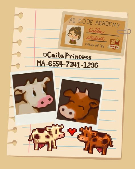 A pair of Stardew Valley cows for your next farm 😚 ✨ items from @acnhtreasureisland ✨ Matching SDV styled horse, chickens, rabbit, duck and cows all on my MA #acnh #animalcrossing #animalcrossingnewhorizons #acnhcommunity #animalcrossingcommunity #stardewvalley #cozygaming SDV ACNH crossover island citycore town core farmcore cows chickens Marnie’s ranch Rodeo Acnh, Acnh Farmcore, Acnh Codes, Acnh Inspo, Animal Crossing Qr, Stardew Valley, Horse Farms, Qr Codes, Farm Animals