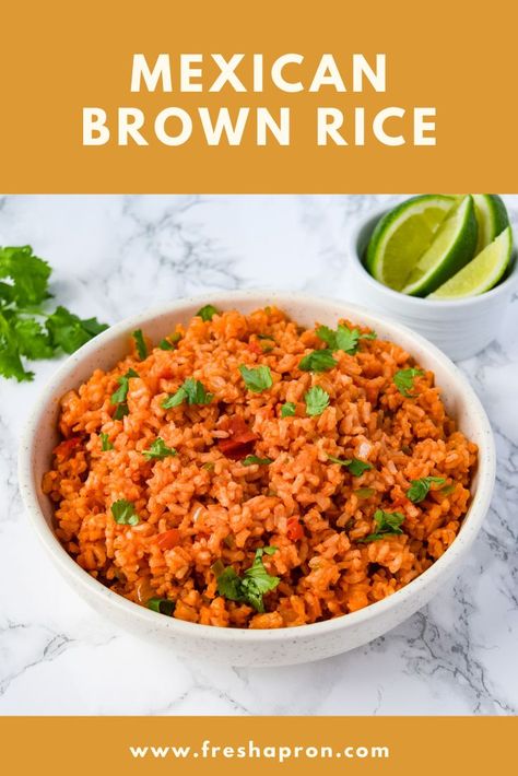 Mexican Brown Rice recipe at www.freshapron.com Mexican Brown Rice, Brown Rice Recipe, Mexican Rice Recipes, Brown Rice Recipes, Side Dish Recipes Easy, Easy Side Dish, Mexican Rice, Taco Night, Healthy Sides