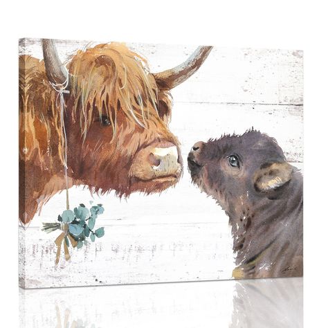 PRICES MAY VARY. Highland Cow Wall Art: Love themed cow wall decor features serene mother and child cow duo in HD prints on premium waterproof canvas. Resistant to fading, this farm cow poster is perfect for any farmhouse-style interior. Add Depth and Dimension to Your Walls: Size 1pic/15w x 12H inches (37cmx30cm) Hand assembled, stretched on soild wood frame makes a durable highland cow wall art. Gallery-wrapped, with free wall-mounting hardware ready to hang. Our highland cow picture wall deco Highland Cow Pictures, Cow Wall Decor, Poster For Bathroom, Highland Cow Canvas, Cow Wall Art, Retro Kunst, Cow Pictures, Cow Canvas, Cow Painting