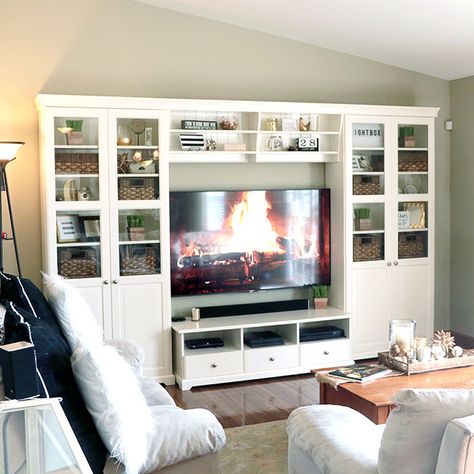 Tips on how to Decorate Bookshelves around a TV: http://www.curlycraftymom.com/2017/01/how-to-decorate-bookshelves-around-tv.html @artificialitems How To Decorate Bookshelves, Decorate Bookshelves, Shelves Around Tv, Ikea Inspiration, Tv Cabinet Design, Decorating Bookshelves, Cozy Family Rooms, Ikea Living Room, Bookshelves In Living Room