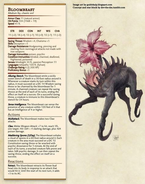 Fey Stat Block, Dnd Flower Monster, Marilith Dnd, Cool Dnd Monsters, Dnd Monster Design, Forest Monsters Dnd, Dnd Fey Monsters, Homebrew Dnd Monsters, Dnd Fey Creatures